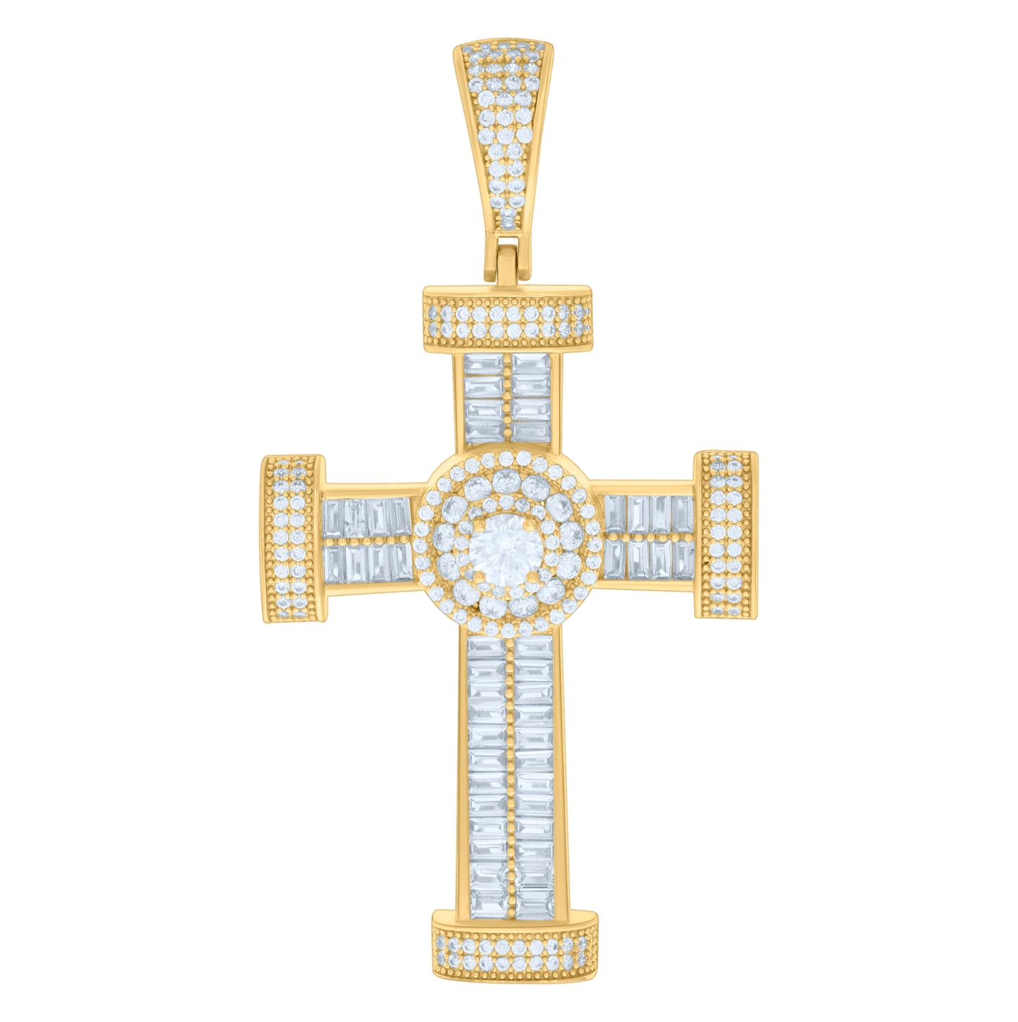 Sterling Silver Mens Baguette Round Cubic-Zirconia Cross Religious Charm Pendant