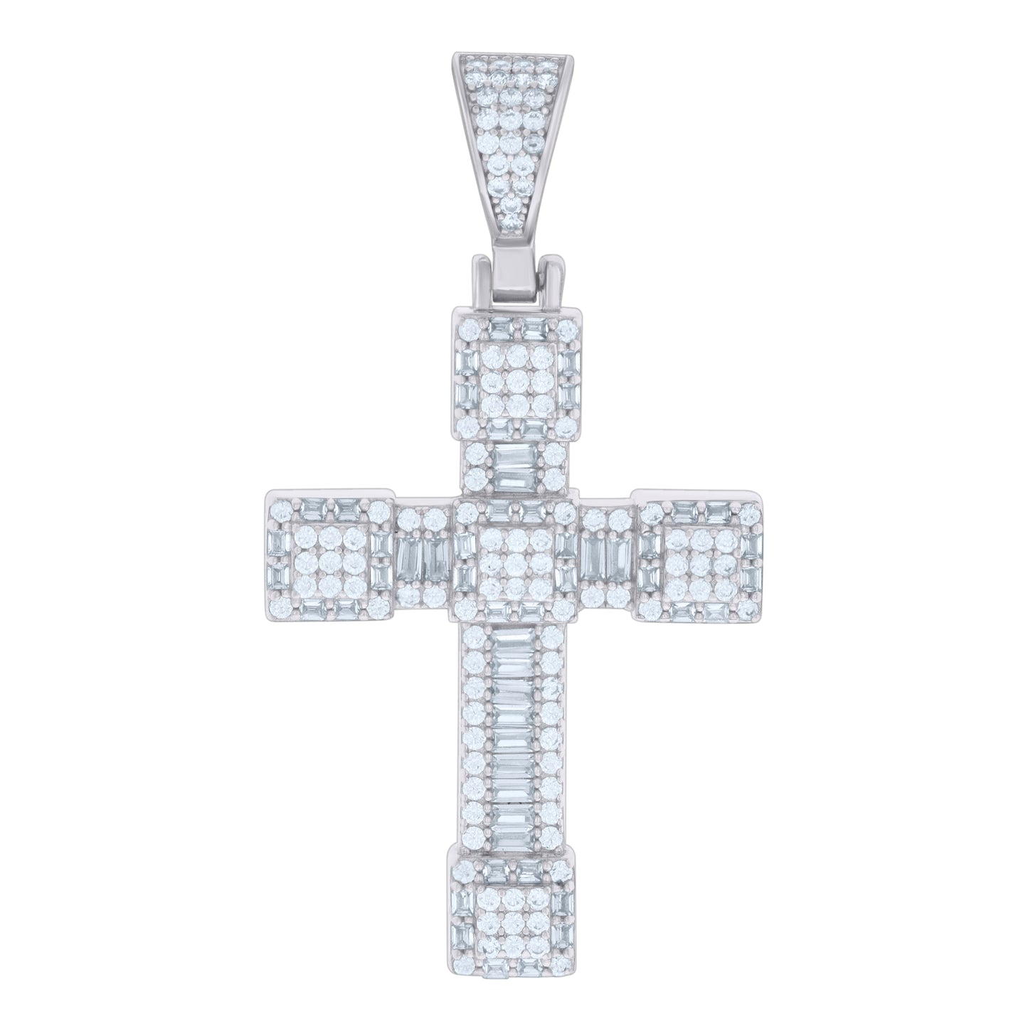 Sterling Silver Mens Baguette Round Cubic-Zirconia Cross Religious Charm Pendant