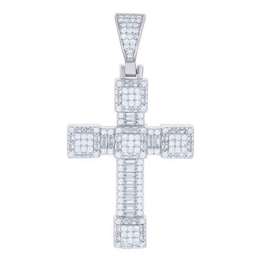 Sterling Silver Mens Baguette Round Cubic-Zirconia Cross Religious Charm Pendant