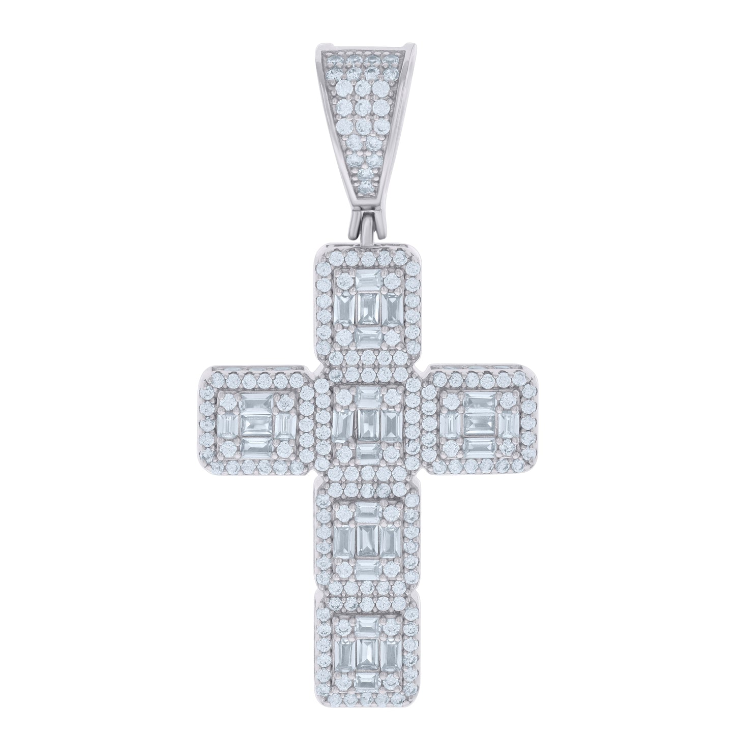 Sterling Silver Mens Baguette Round Cubic-Zirconia Cross Religious Charm Pendant