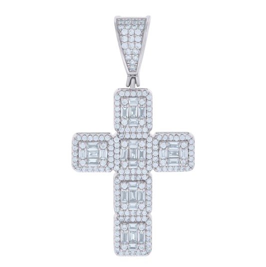 Sterling Silver Mens Baguette Round Cubic-Zirconia Cross Religious Charm Pendant