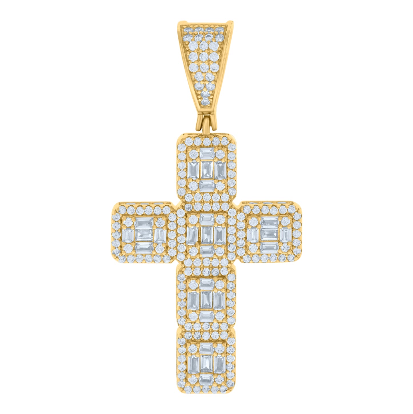 Sterling Silver Mens Baguette Round Cubic-Zirconia Cross Religious Charm Pendant