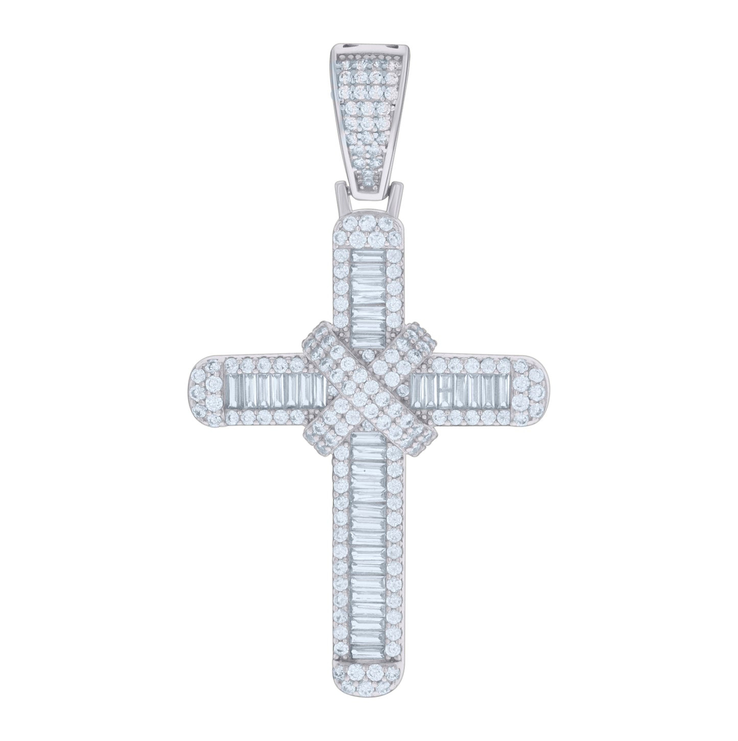 Sterling Silver Mens Baguette Round Cubic-Zirconia Cross Religious Charm Pendant