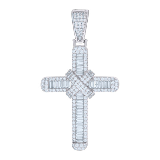 Sterling Silver Mens Baguette Round Cubic-Zirconia Cross Religious Charm Pendant