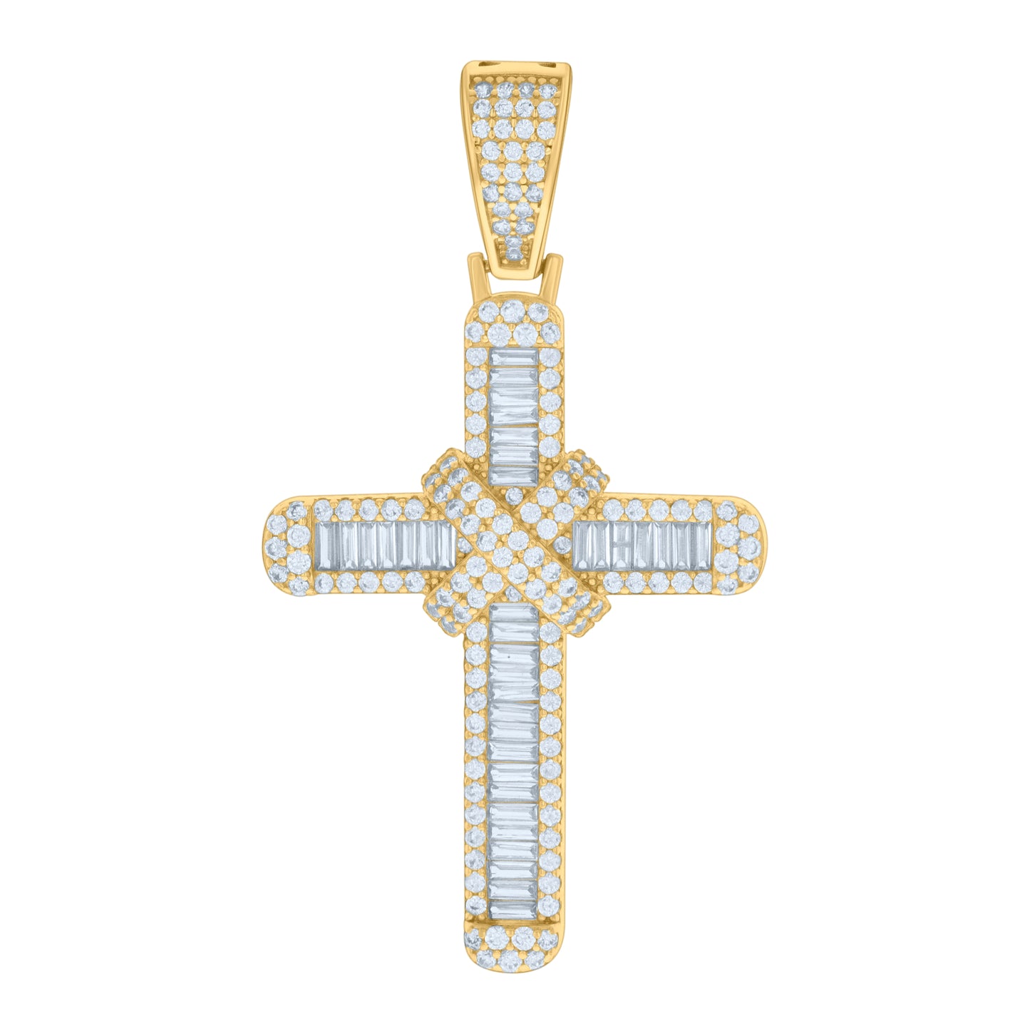 Sterling Silver Mens Baguette Round Cubic-Zirconia Cross Religious Charm Pendant