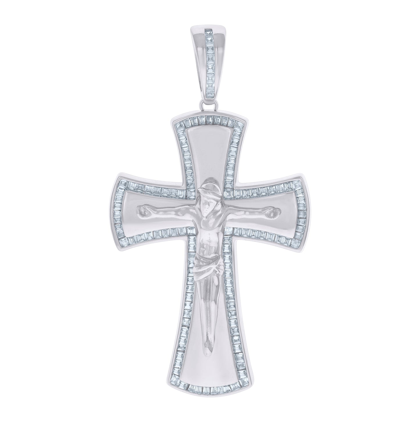 Sterling Silver Mens Baguette Cubic-Zirconia Crucifix Cross Religious Charm Pendant