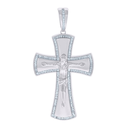 Sterling Silver Mens Baguette Cubic-Zirconia Crucifix Cross Religious Charm Pendant