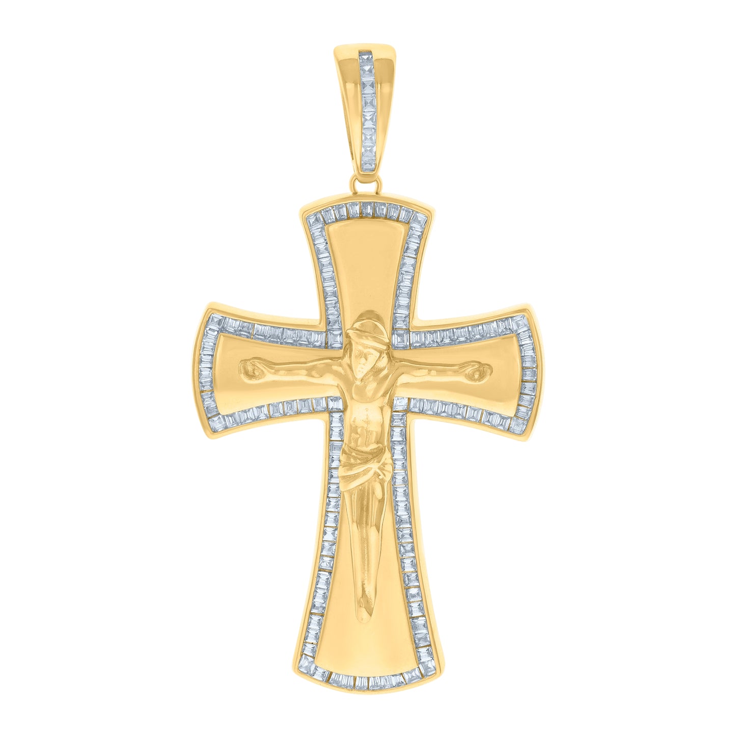 Sterling Silver Mens Baguette Cubic-Zirconia Crucifix Cross Religious Charm Pendant