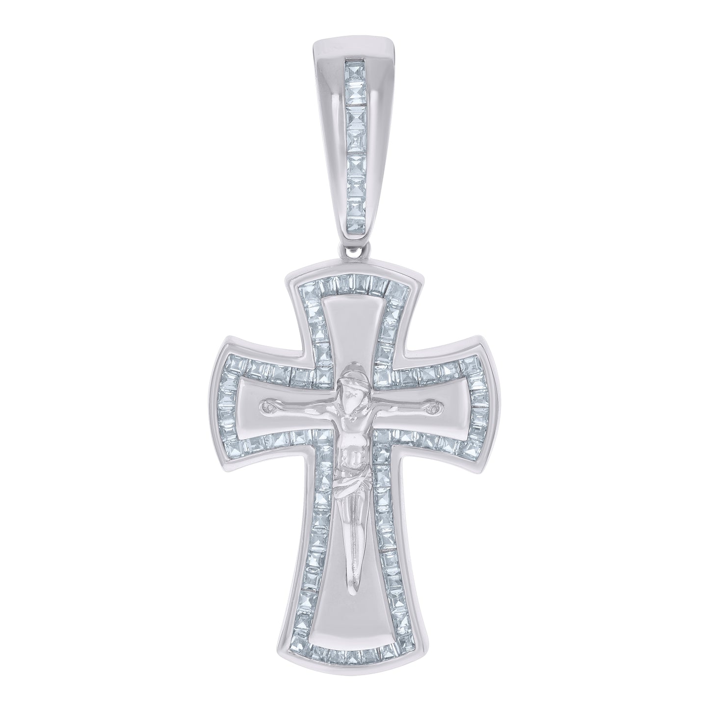 Sterling Silver Mens Baguette Cubic-Zirconia Crucifix Cross Religious Charm Pendant