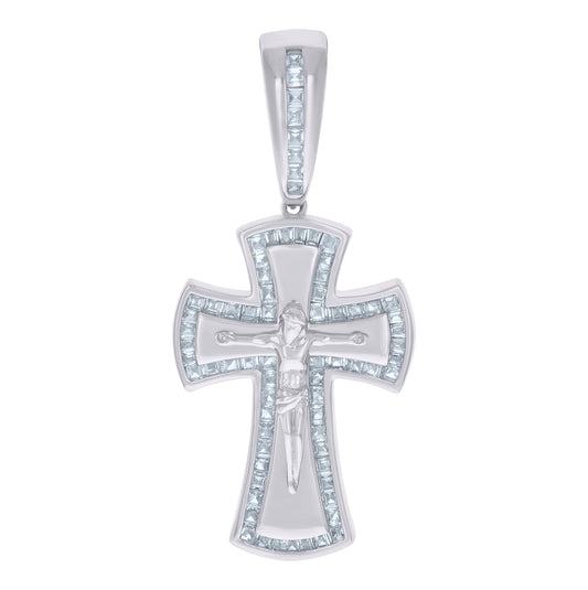Sterling Silver Mens Baguette Cubic-Zirconia Crucifix Cross Religious Charm Pendant