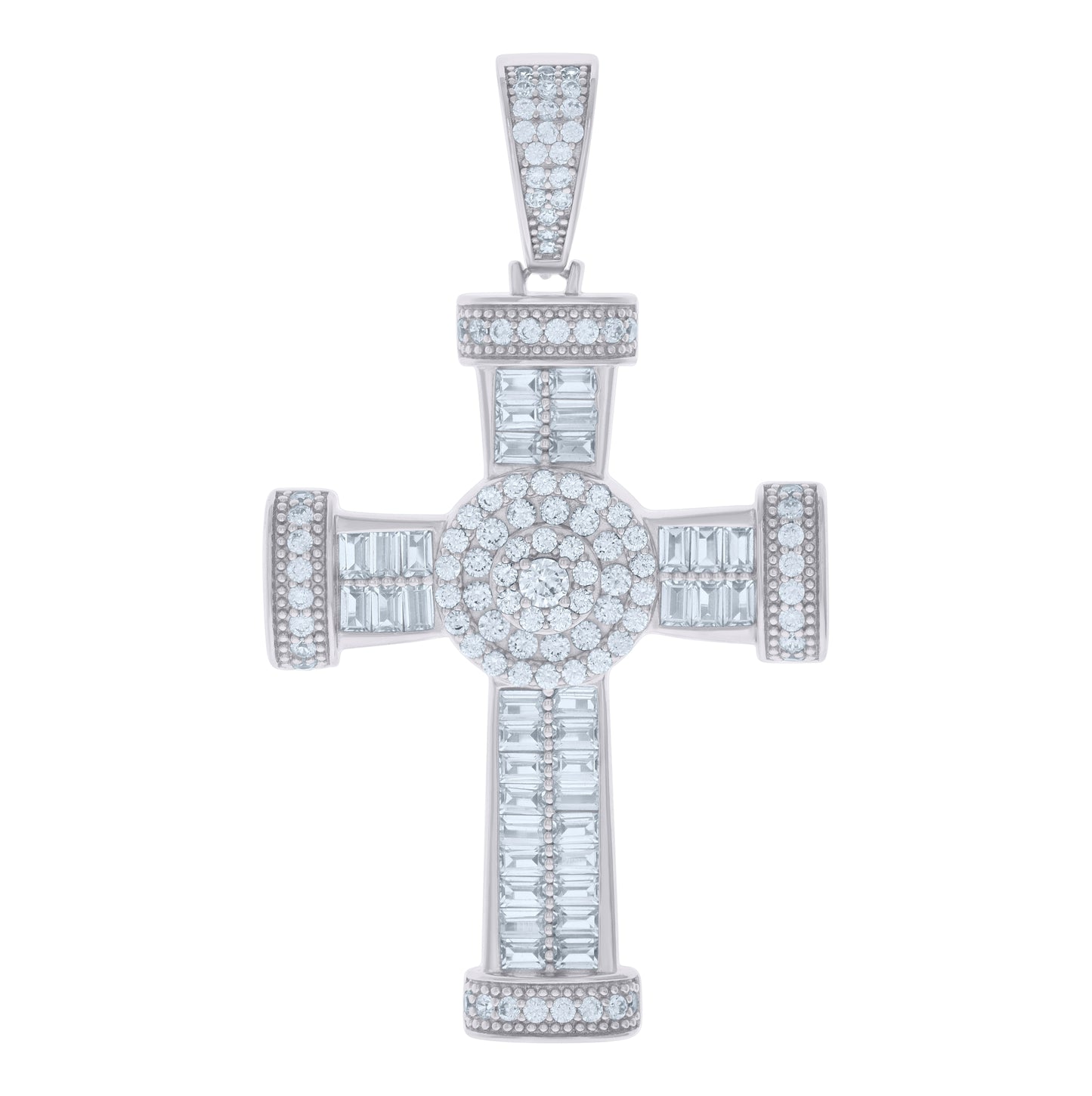 Sterling Silver Mens Baguette Round Cubic-Zirconia Cross Religious Charm Pendant