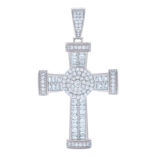 Sterling Silver Mens Baguette Round Cubic-Zirconia Cross Religious Charm Pendant