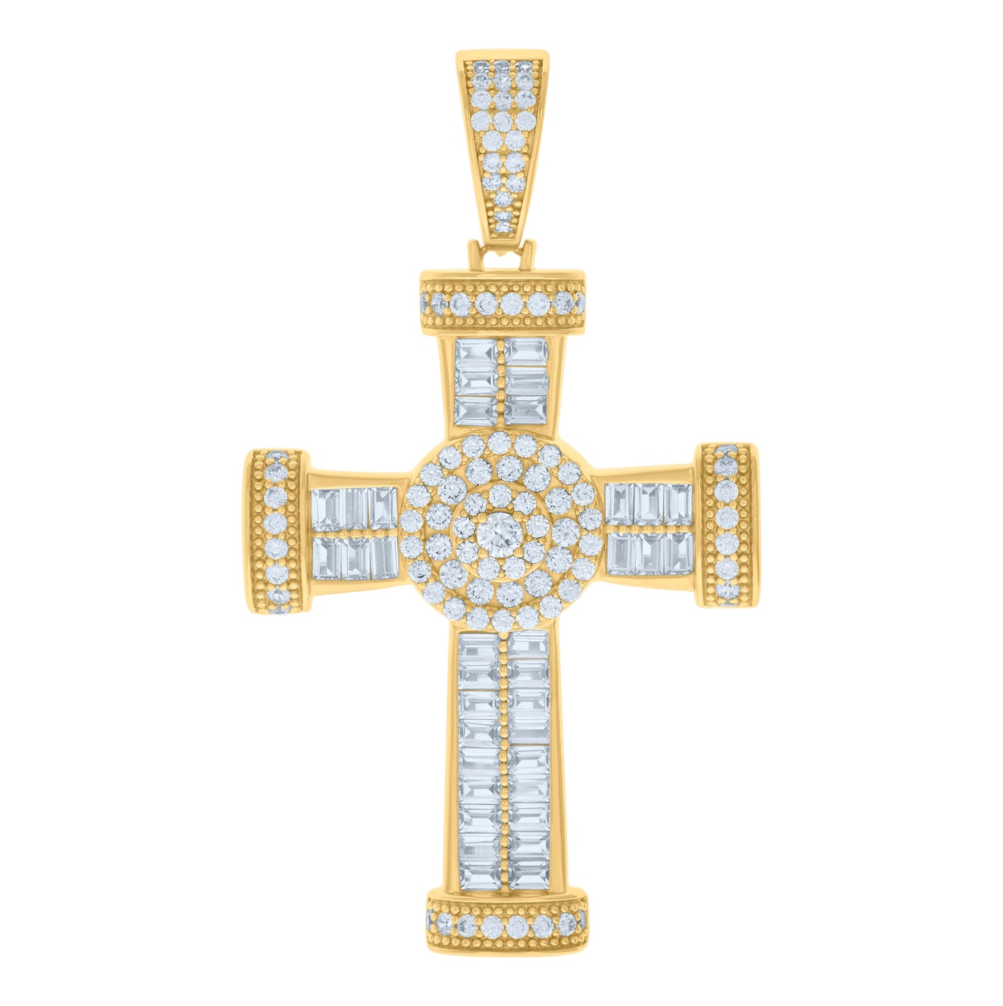 Sterling Silver Mens Baguette Round Cubic-Zirconia Cross Religious Charm Pendant
