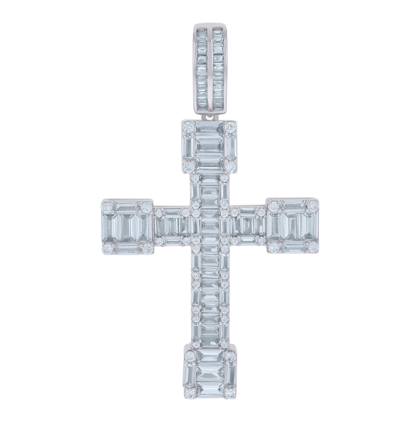 Sterling Silver Mens Baguette Round Cubic-Zirconia Cross Religious Charm Pendant