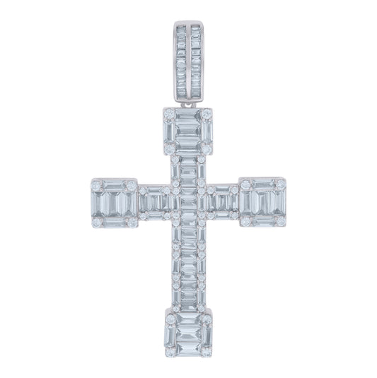 Sterling Silver Mens Baguette Round Cubic-Zirconia Cross Religious Charm Pendant