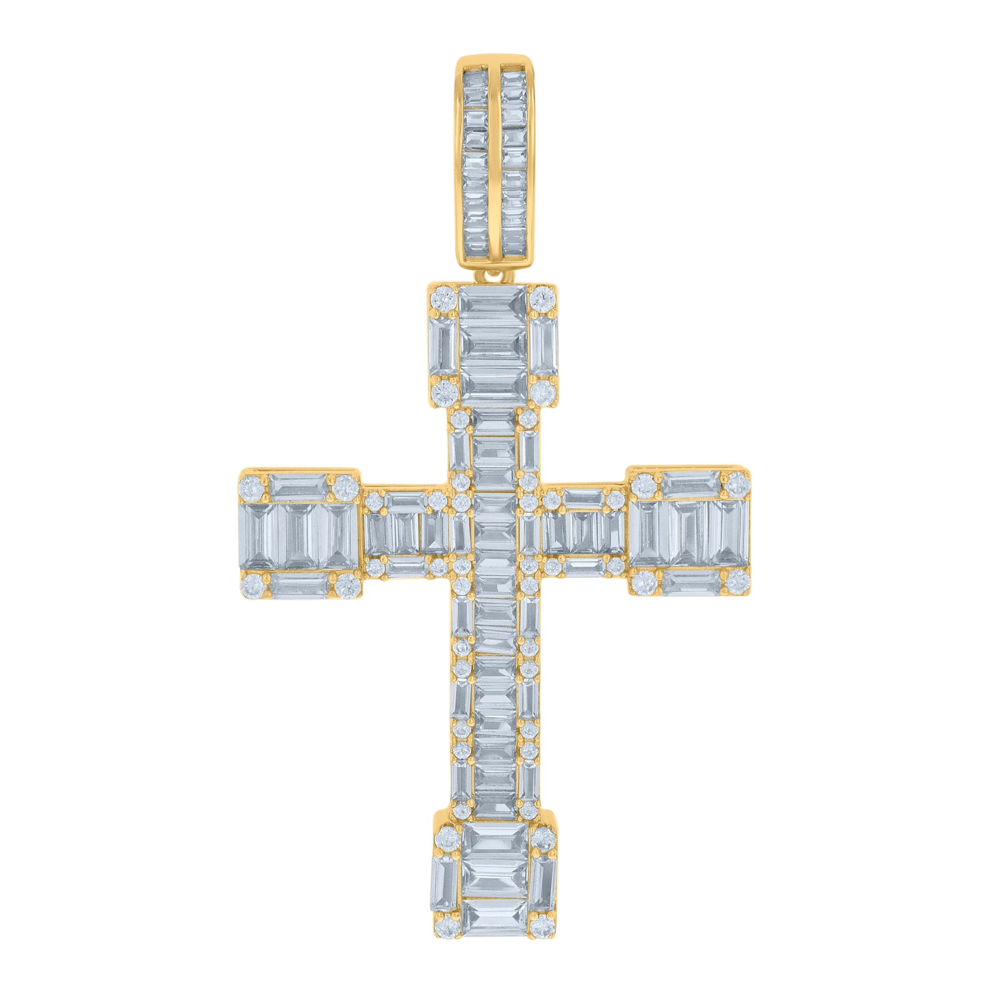 Sterling Silver Mens Baguette Round Cubic-Zirconia Cross Religious Charm Pendant