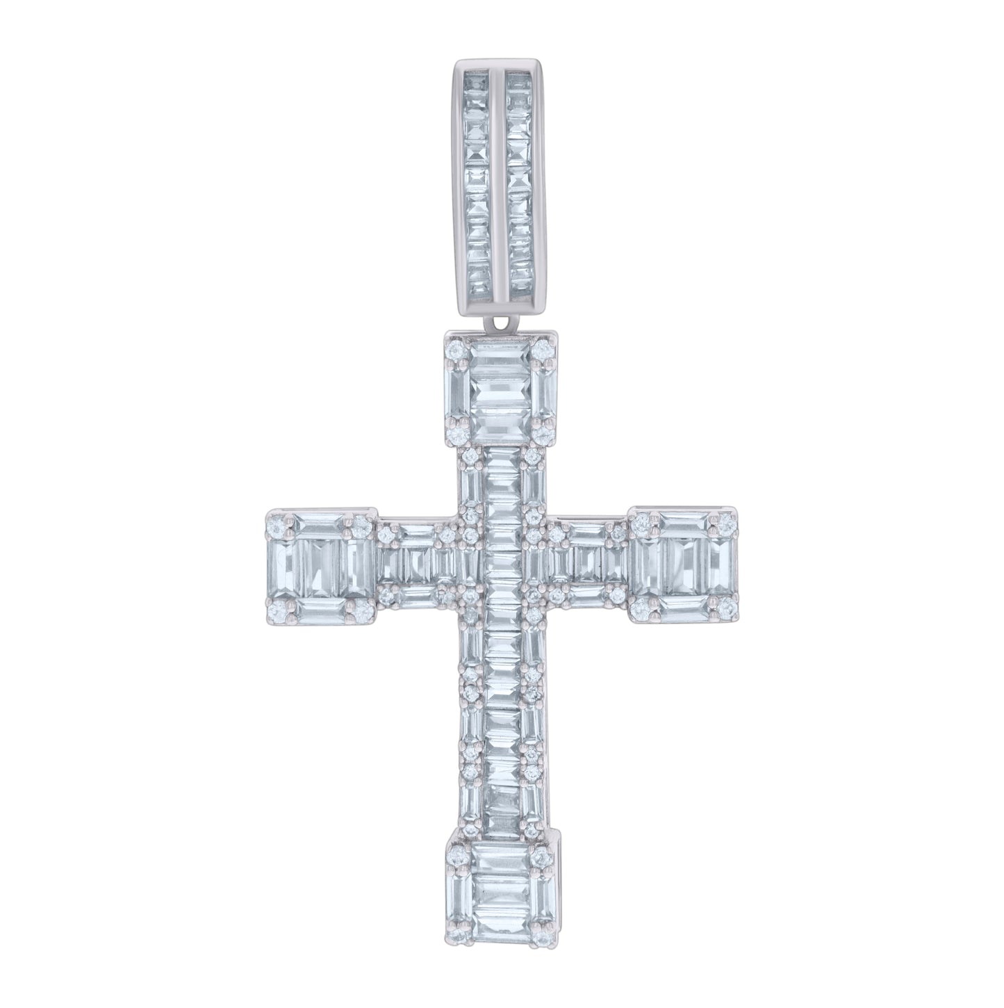 Sterling Silver Mens Baguette Round Cubic-Zirconia Cross Religious Charm Pendant