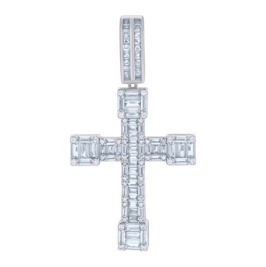 Sterling Silver Mens Baguette Round Cubic-Zirconia Cross Religious Charm Pendant