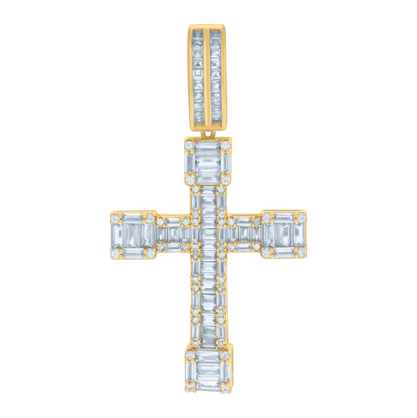 Sterling Silver Mens Baguette Round Cubic-Zirconia Cross Religious Charm Pendant