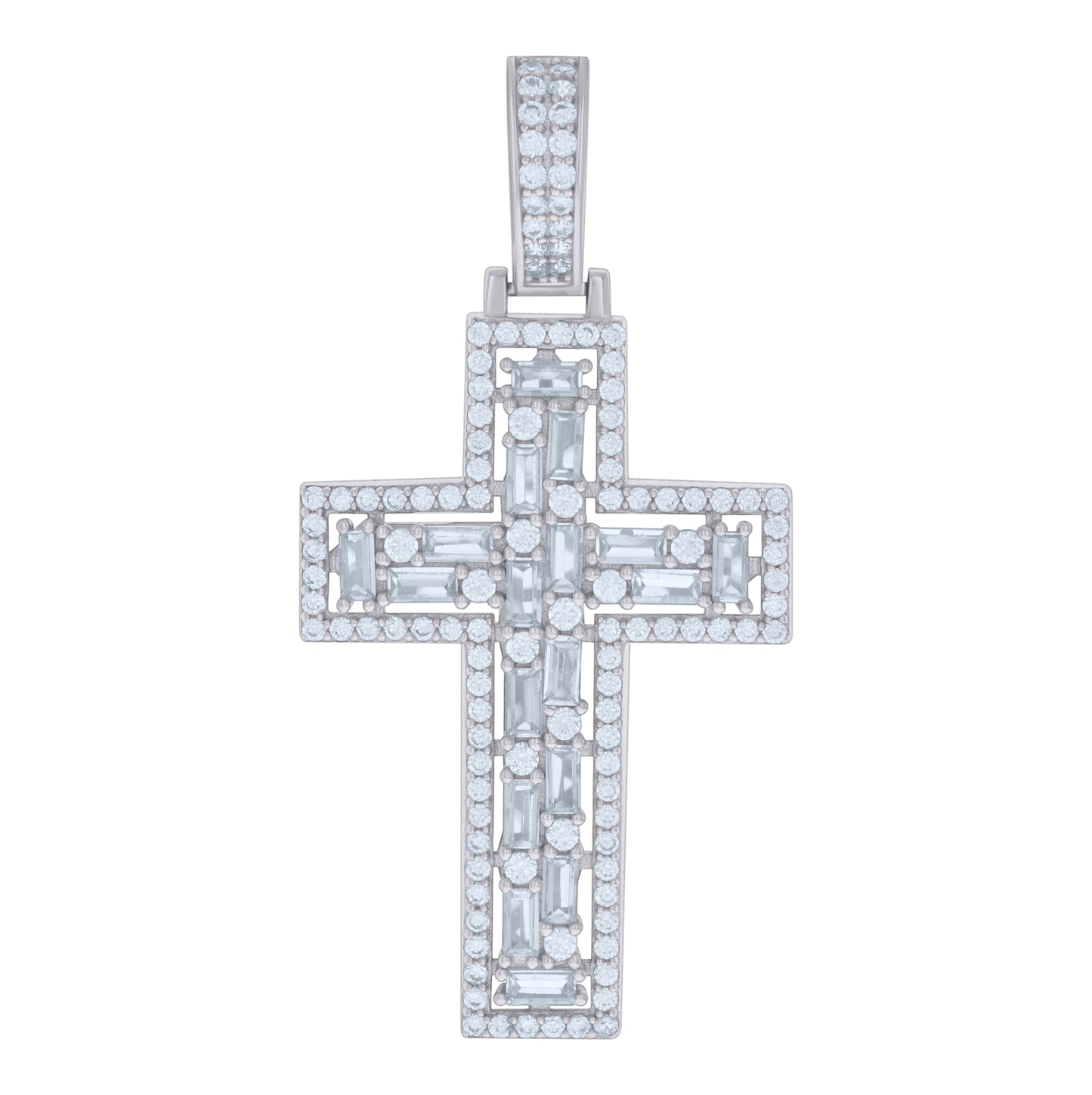 Sterling Silver Mens Baguette Round Cubic-Zirconia Cross Religious Charm Pendant
