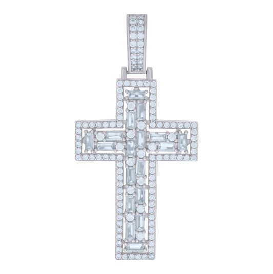 Sterling Silver Mens Baguette Round Cubic-Zirconia Cross Religious Charm Pendant