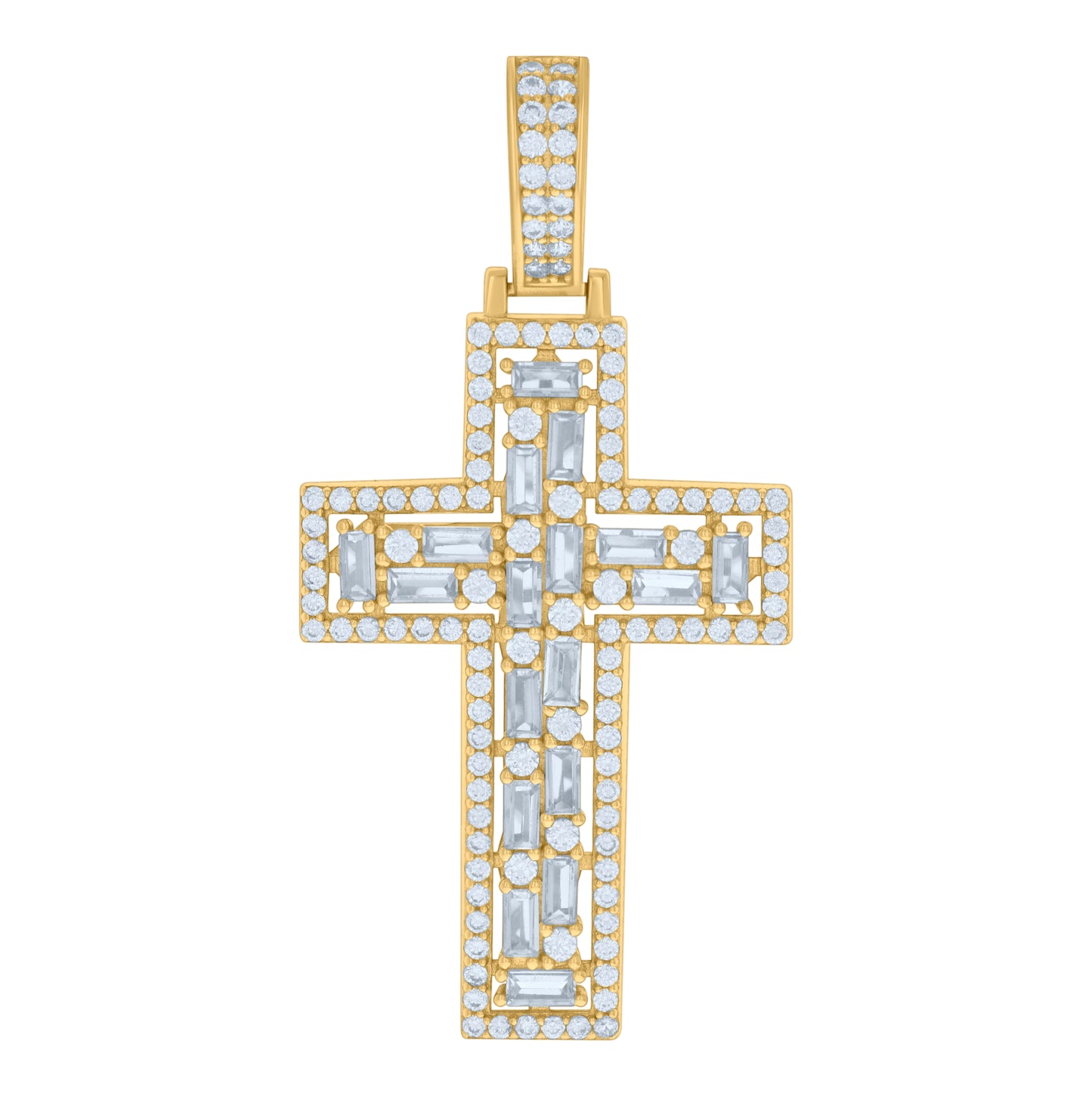 Sterling Silver Mens Baguette Round Cubic-Zirconia Cross Religious Charm Pendant