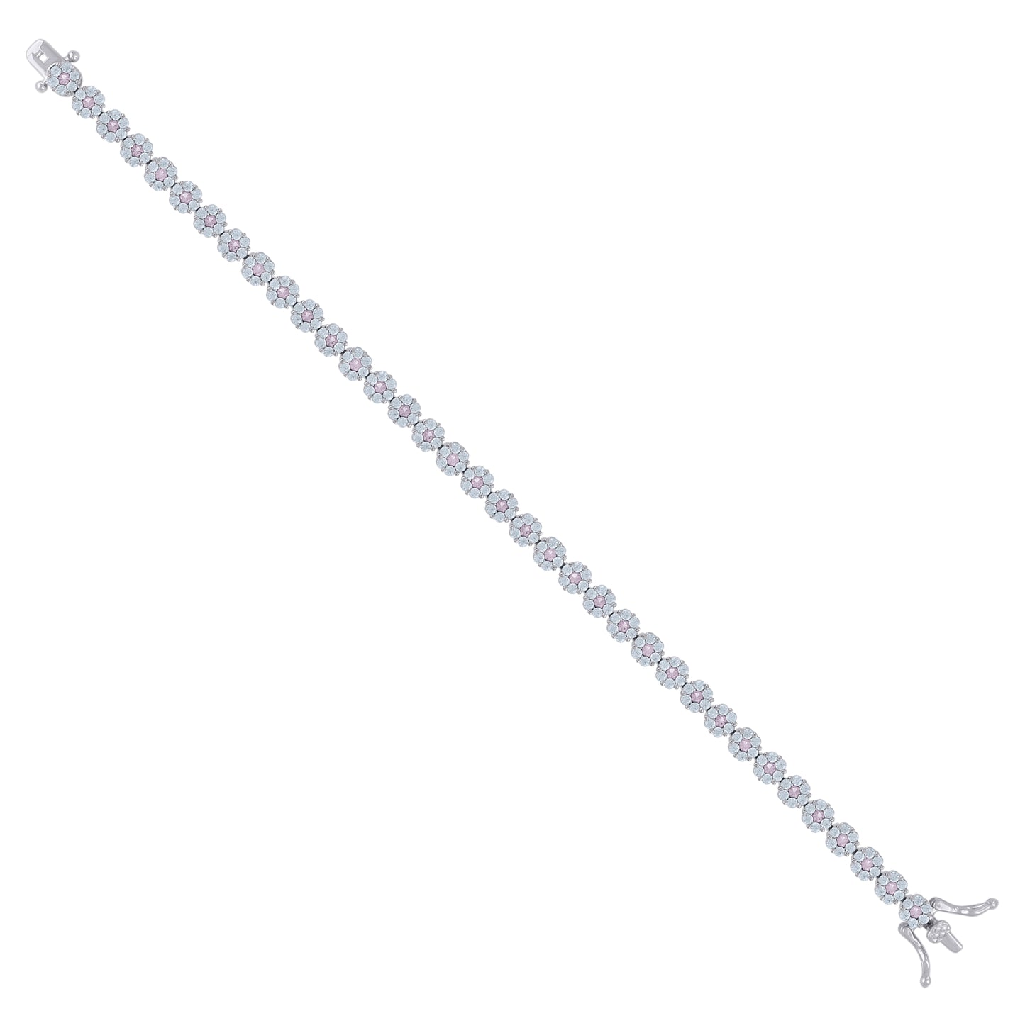 Sterling Silver Womens Cubic-Zirconia Flower Link Fashion Bracelet Size 7 Inches
