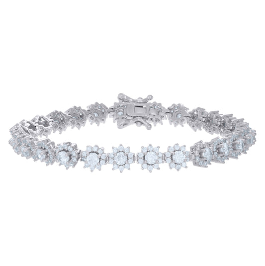 Sterling Silver Womens Cubic-Zirconia Flower Link Fashion Bracelet Size 7 Inches