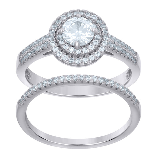 Sterling Silver Womens Cubic-Zirconia Duo Bridal Anniversary Engagement Wedding Ring Set
