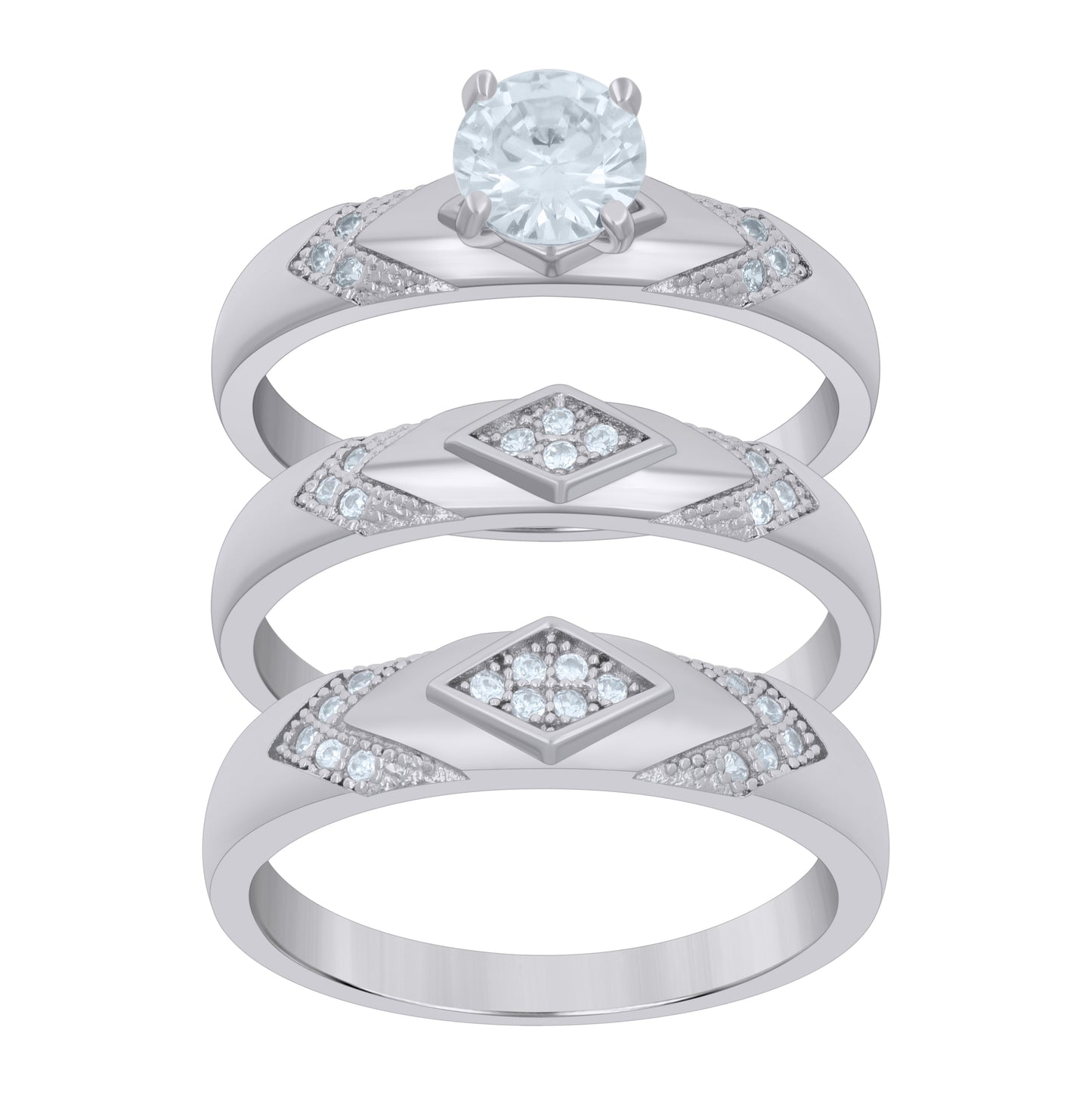Sterling Silver Womens Cubic-Zirconia Trio Bridal Anniversary Wedding Engagement Band Ring Set