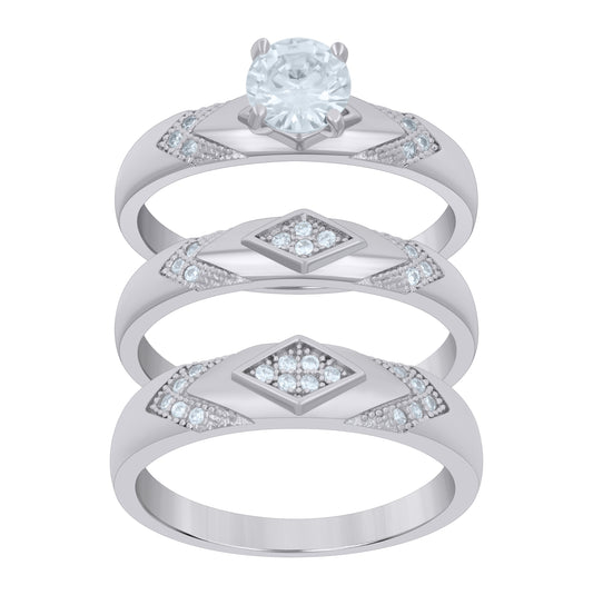 Sterling Silver Womens Cubic-Zirconia Trio Bridal Anniversary Wedding Engagement Band Ring Set