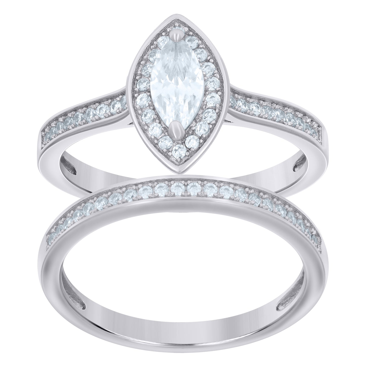 Sterling Silver Womens Marquise Round Cubic-Zirconia Duo Bridal Anniversary Engagement Wedding Ring Set