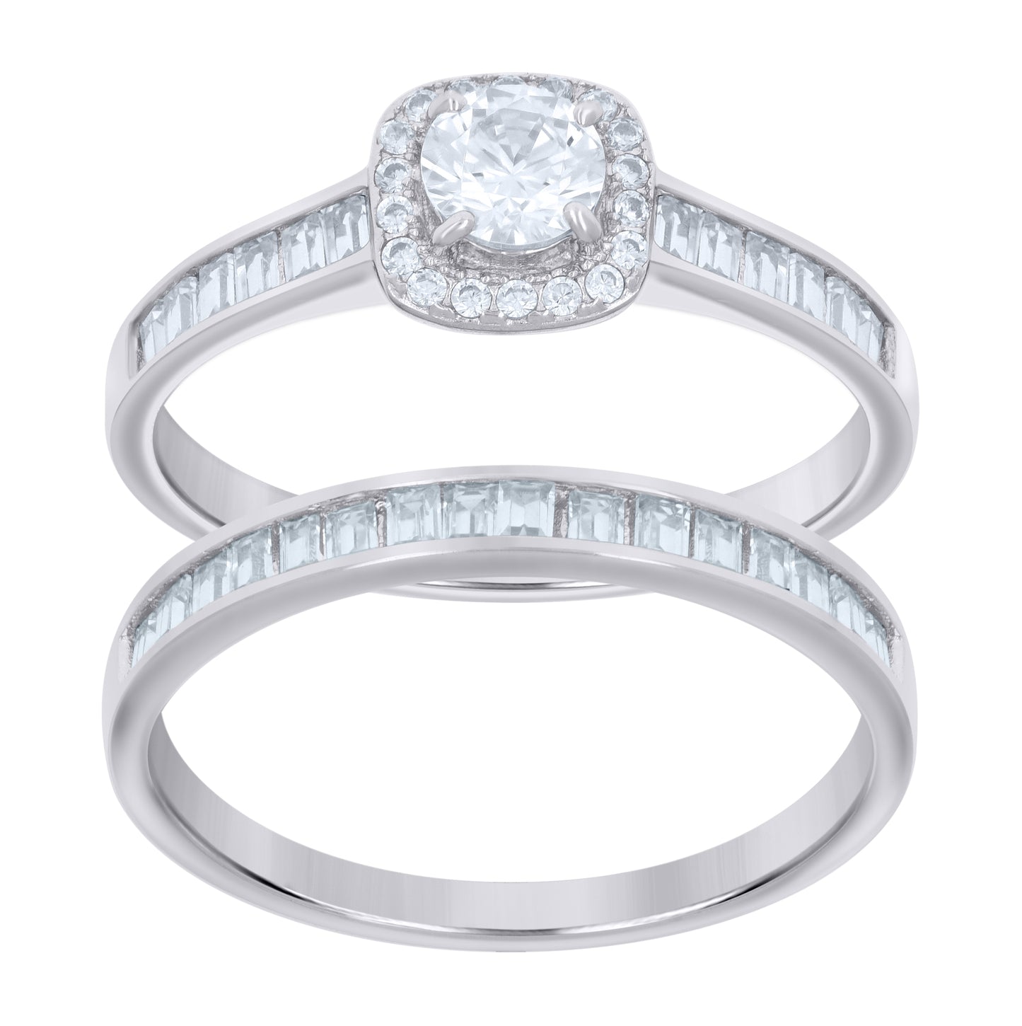 Sterling Silver Womens Baguette Round Cubic-Zirconia Duo Bridal Anniversary Engagement Wedding Ring Set