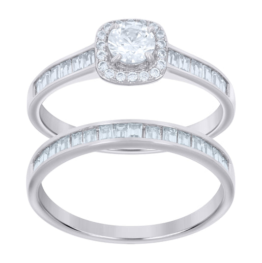 Sterling Silver Womens Baguette Round Cubic-Zirconia Duo Bridal Anniversary Engagement Wedding Ring Set