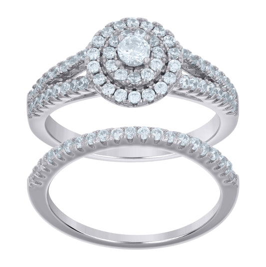 Sterling Silver Women's Cubic-Zirconia Duo Bridal Anniversary Engagement Wedding Ring Set