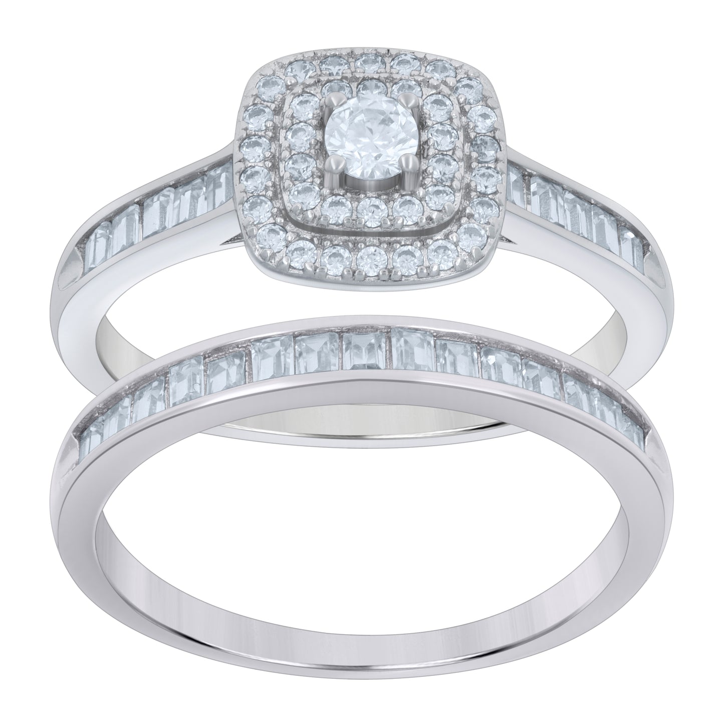 Sterling Silver Women's Baguette Round Cubic-Zirconia Duo Bridal Anniversary Engagement Wedding Ring Set