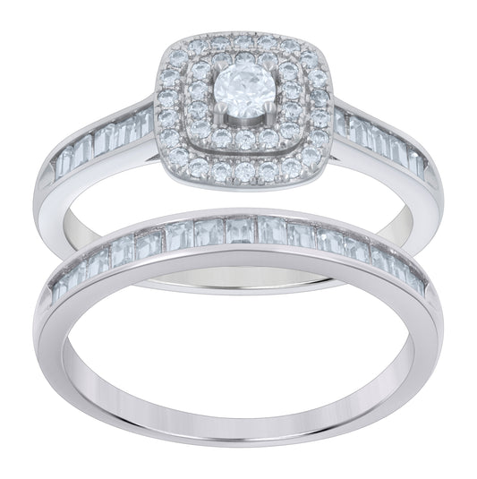 Sterling Silver Women's Baguette Round Cubic-Zirconia Duo Bridal Anniversary Engagement Wedding Ring Set