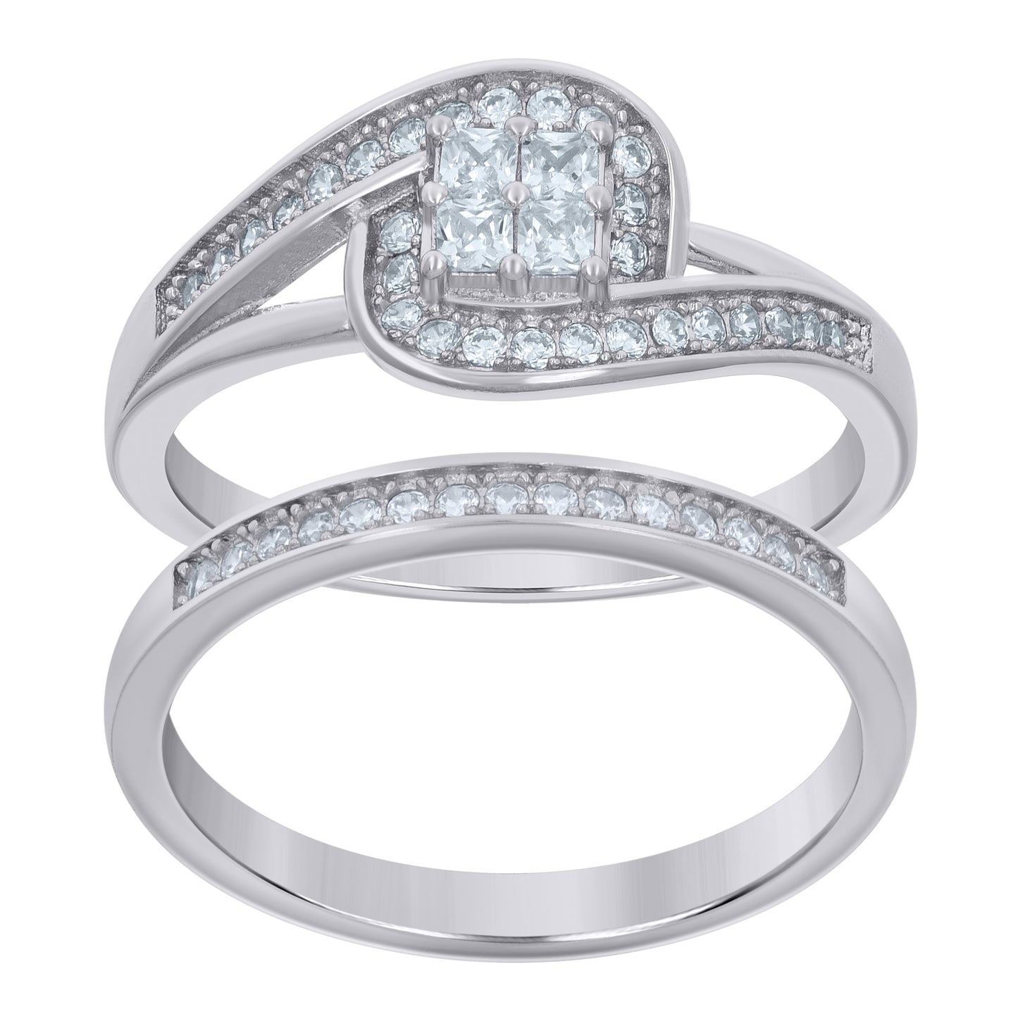 Sterling Silver Womens Princess-cut Round Cubic-Zirconia Duo Bridal Anniversary Engagement Wedding Ring Set