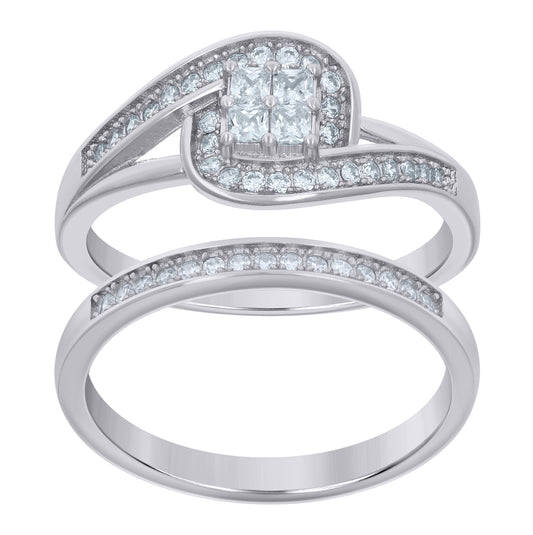 Sterling Silver Womens Princess-cut Round Cubic-Zirconia Duo Bridal Anniversary Engagement Wedding Ring Set