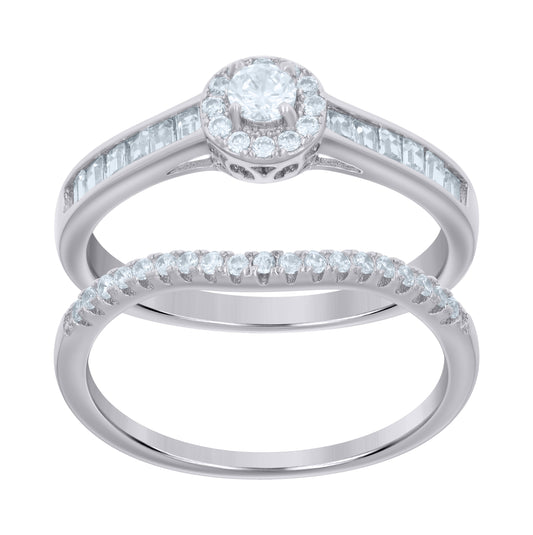 Sterling Silver Women's Cubic-Zirconia Duo Bridal Anniversary Engagement Wedding Ring Set