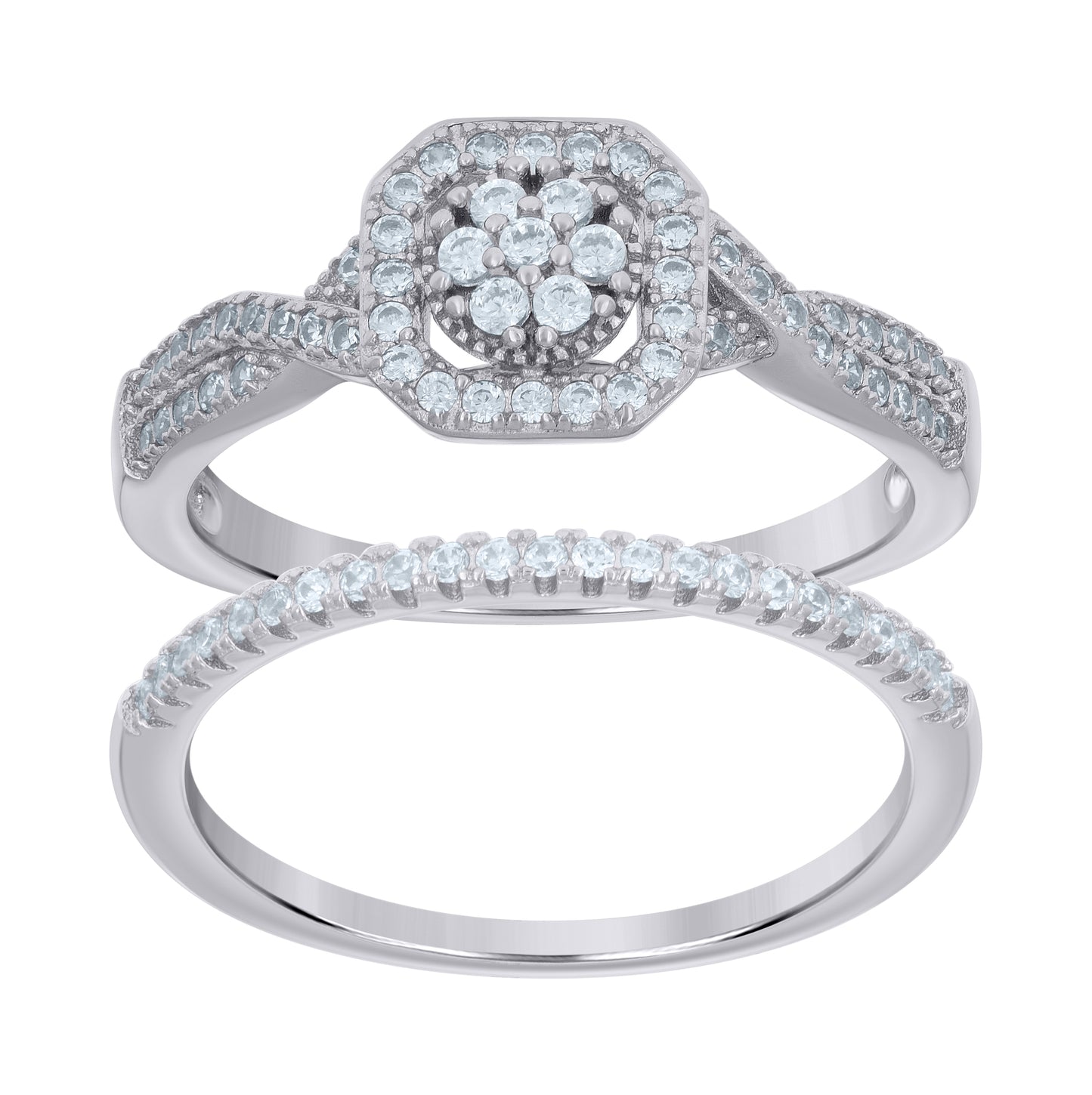 Sterling Silver Women's Cubic-Zirconia Duo Bridal Anniversary Engagement Wedding Ring Set