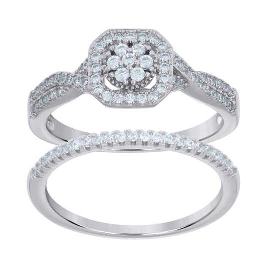 Sterling Silver Women's Cubic-Zirconia Duo Bridal Anniversary Engagement Wedding Ring Set