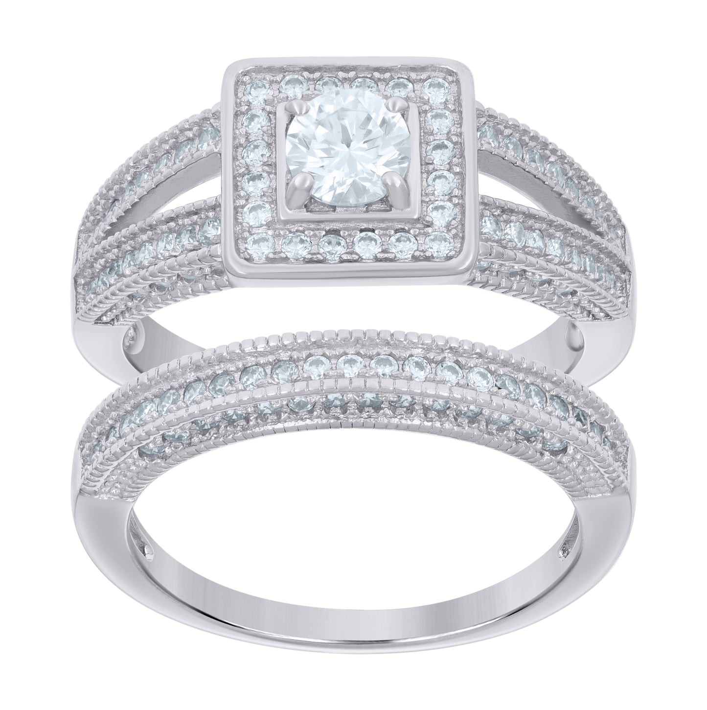 Sterling Silver Women's Cubic-Zirconia Duo Bridal Anniversary Engagement Wedding Ring Set
