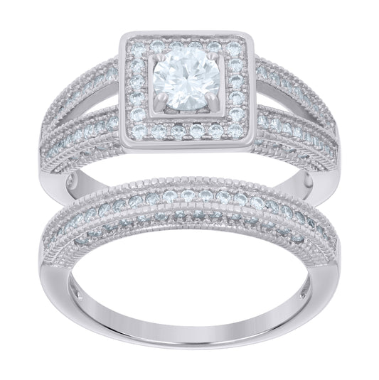 Sterling Silver Women's Cubic-Zirconia Duo Bridal Anniversary Engagement Wedding Ring Set