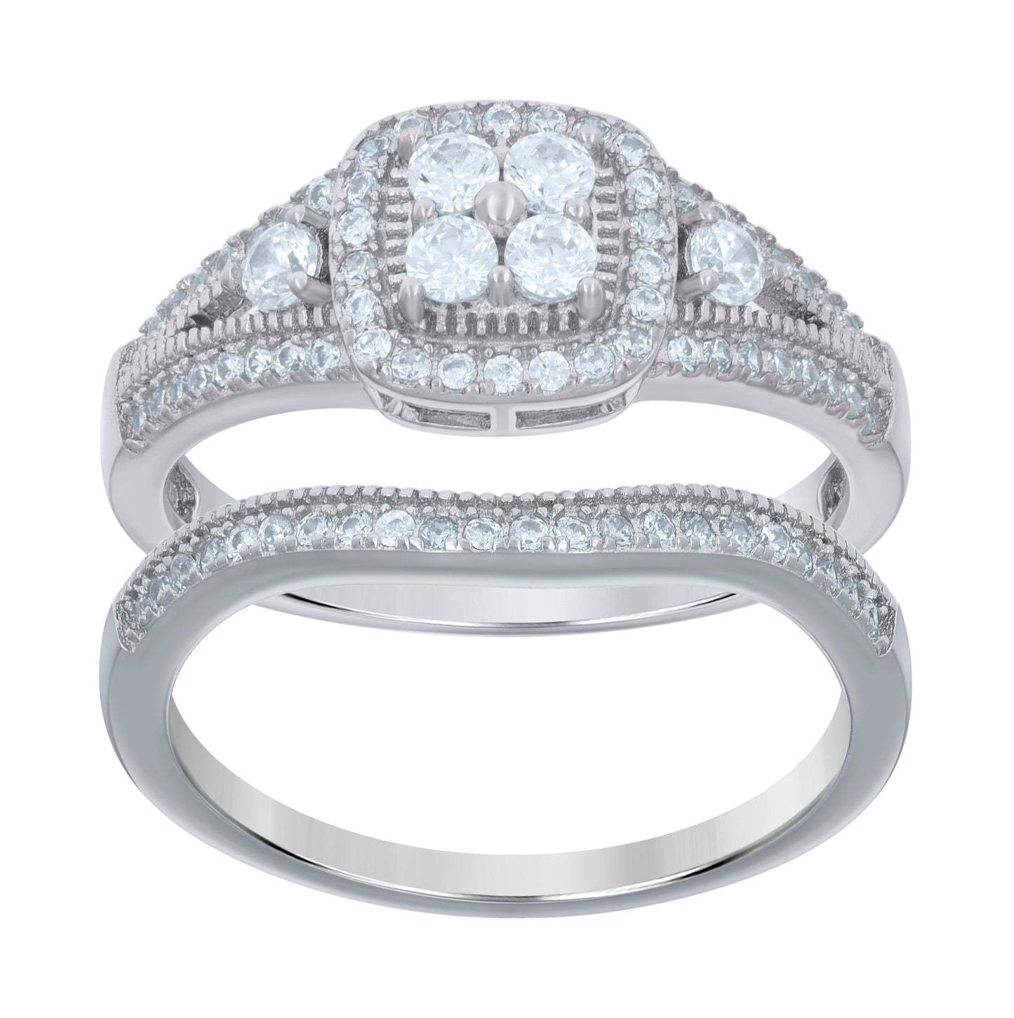 Sterling Silver Women's Cubic-Zirconia Duo Bridal Anniversary Engagement Wedding Ring Set