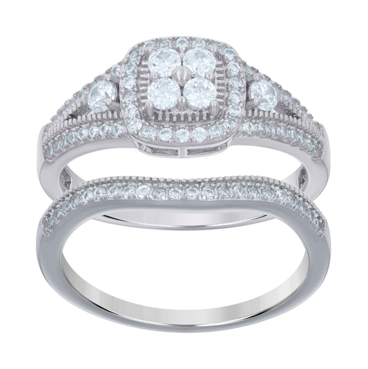 Sterling Silver Women's Cubic-Zirconia Duo Bridal Anniversary Engagement Wedding Ring Set