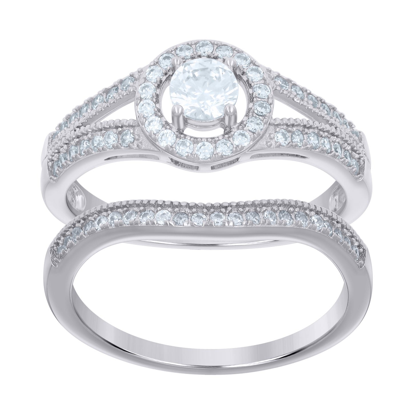 Sterling Silver Women's Cubic-Zirconia Duo Bridal Anniversary Engagement Wedding Ring Set