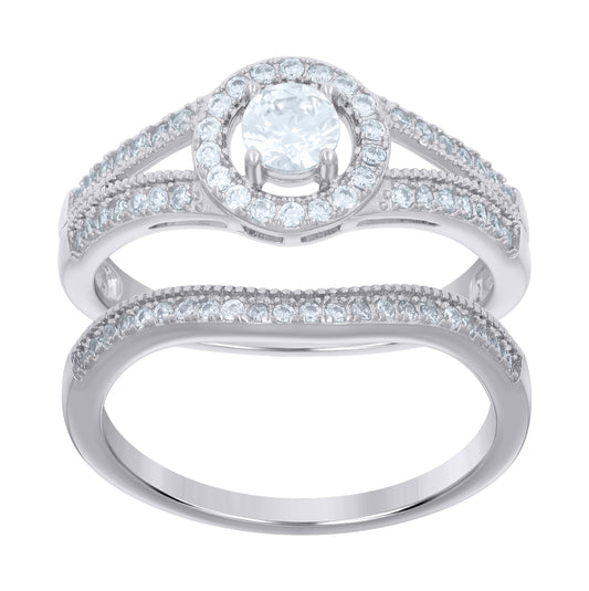 Sterling Silver Women's Cubic-Zirconia Duo Bridal Anniversary Engagement Wedding Ring Set