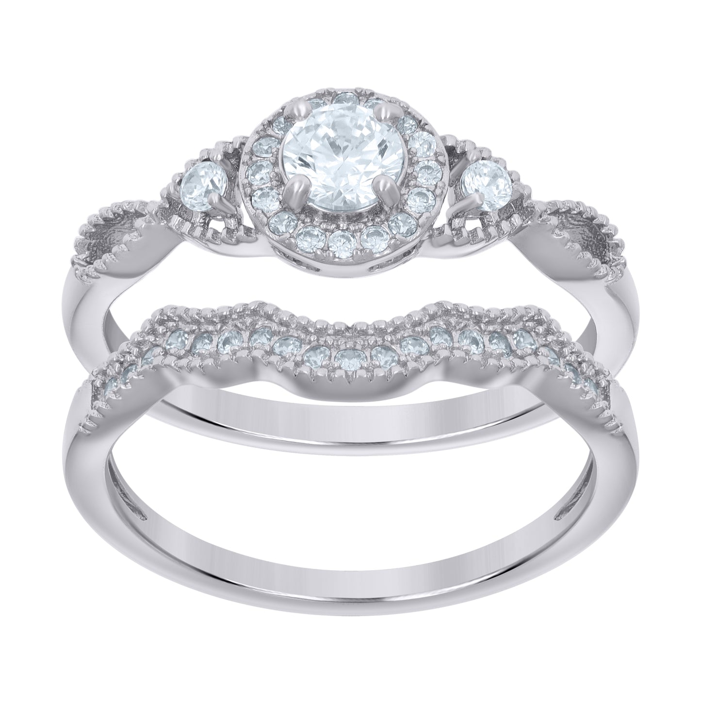 Sterling Silver Women's Cubic-Zirconia Duo Bridal Anniversary Engagement Wedding Ring Set