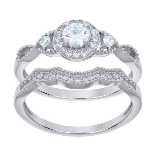Sterling Silver Women's Cubic-Zirconia Duo Bridal Anniversary Engagement Wedding Ring Set